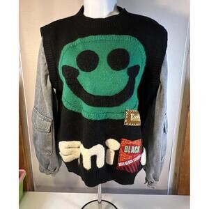 Women's Denim Patchwork Smiley Sweater Knit Pullover MCC Studios